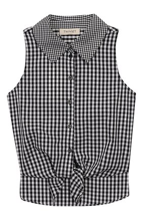 Детское хлопковая блузка TWINSET черно-белого цвета, арт. 201GJ2095/6A-10A | Фото 1 (Материал внешний: Хлопок; Рукава: Короткие; Ростовка одежда: 10 - 11 лет | 140 - 146см, 8 лет | 128 см)
