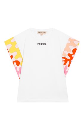 Детская хлопковая футболка EMILIO PUCCI белого цвета, арт. 9M8022/MX170/1-4 | Фото 1 (Рукава: Короткие; Материал внешний: Хлопок; Девочки Кросс-КТ: футболка-одежда; Ростовка одежда: 4 года | 104 см)