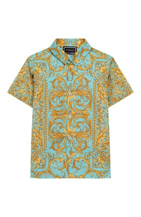 Детский хлопковая рубашка VERSACE бирюзового цвета по цене 15150 руб., арт. YB000129/A232779 | Фото 1 Детский хлопковая рубашка VERSACE бирюзового цвета, арт. YB000129/A232779 | Фото 1