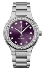 Женские часы classic fusion titanium purple diamonds bracelet HUBLOT бесцветного цвета, арт. 568.NX.897V.NX.1204 | Фото 1 (Материал корпуса: Титан; Цвет циферблата: Другое; Механизм: Автомат; Ювелирка: Ювелирка)