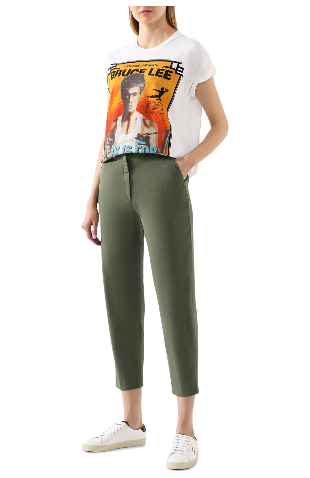 Женские хлопковые брюки TWO WOMEN IN THE WORLD хаки цвета, арт. LAUREN/YEAT3 | Фото 2 (Женское Кросс-КТ: Брюки-одежда; Силуэт Ж (брюки и джинсы): Прямые; Материал внешний: Хлопок; Длина (брюки, джинсы): Укороченные)