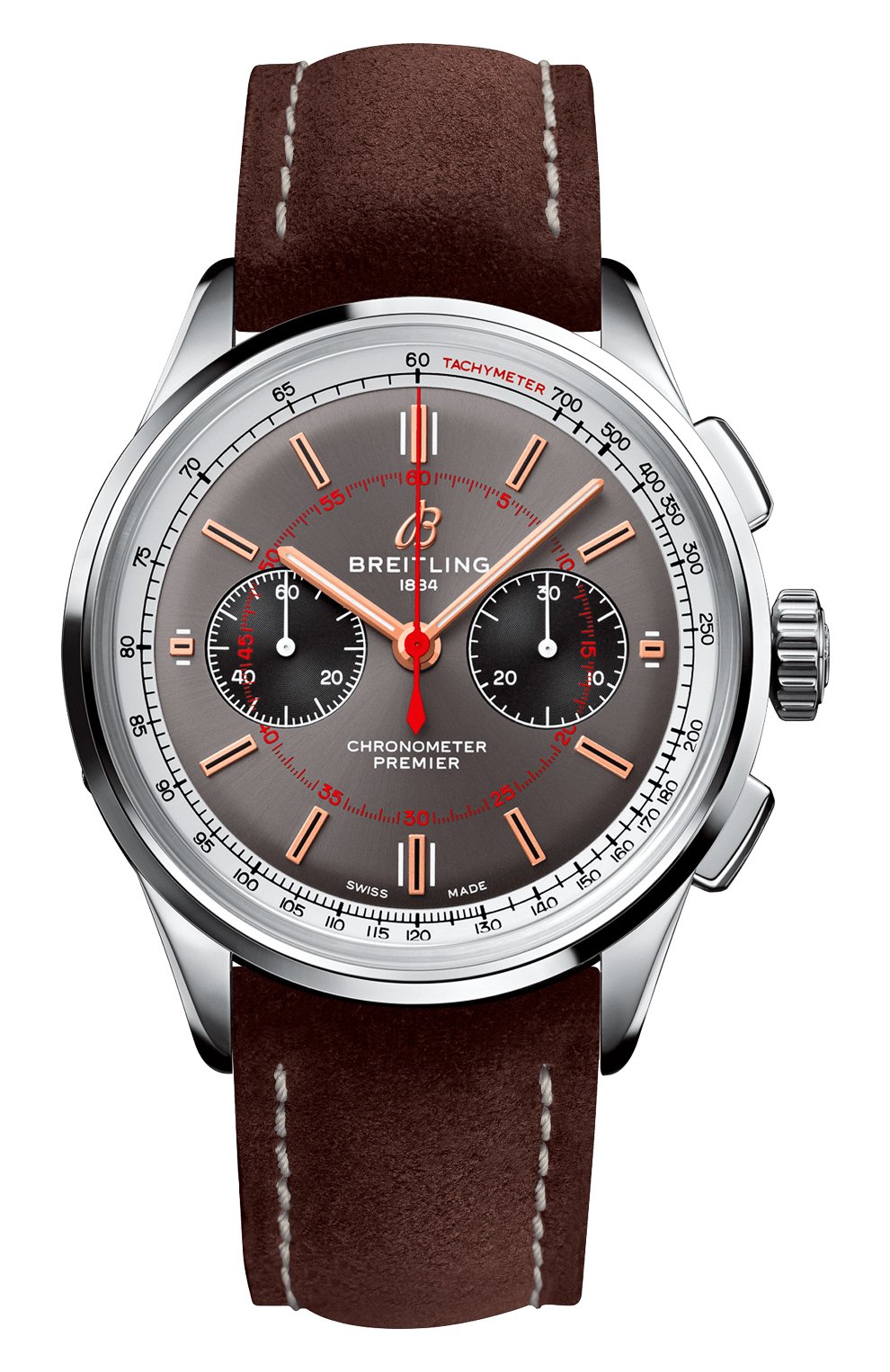 Мужские часы premier b01 chronograph 42 wheels and waves BREITLING темно-серого цвета, арт. AB0118A31B1X2 | Фото 1