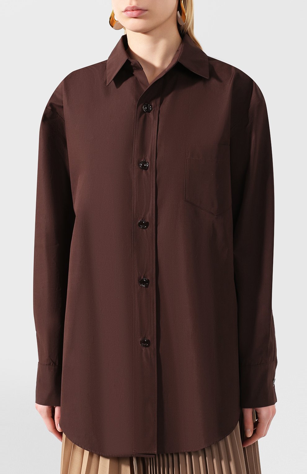 Женская хлопковая рубашка MARNI коричневого цвета, арт. CAMA0312A0/TCY65 | Фото 3 (Рукава: Длинные; Принт: Без принта; Женское Кросс-КТ: Рубашка-одежда; Длина (для топов): Удлиненные; Материал внешний: Хлопок)