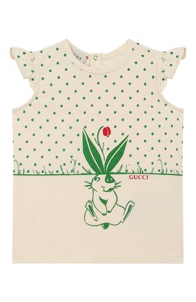 Детский хлопковая футболка GUCCI зеленого цвета, арт. 555673/XJCAG | Фото 1 (Кросс-КТ НВ: Футболка; Ростовка одежда: 12 мес | 80 см, 18 мес | 86 см, 24 мес | 92 см, 3 мес | 62 см, 9 мес | 74 см)