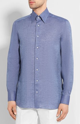 Мужская льняная рубашка ZILLI синего цвета, арт. MFT-MERCU-13091/RZ01 | Фото 3 (Манжеты: На пуговицах; Воротник: Button down; Рукава: Длинные; Случай: Повседневный; Длина (для топов): Стандартные; Материал внешний: Лен; Принт: Однотонные)