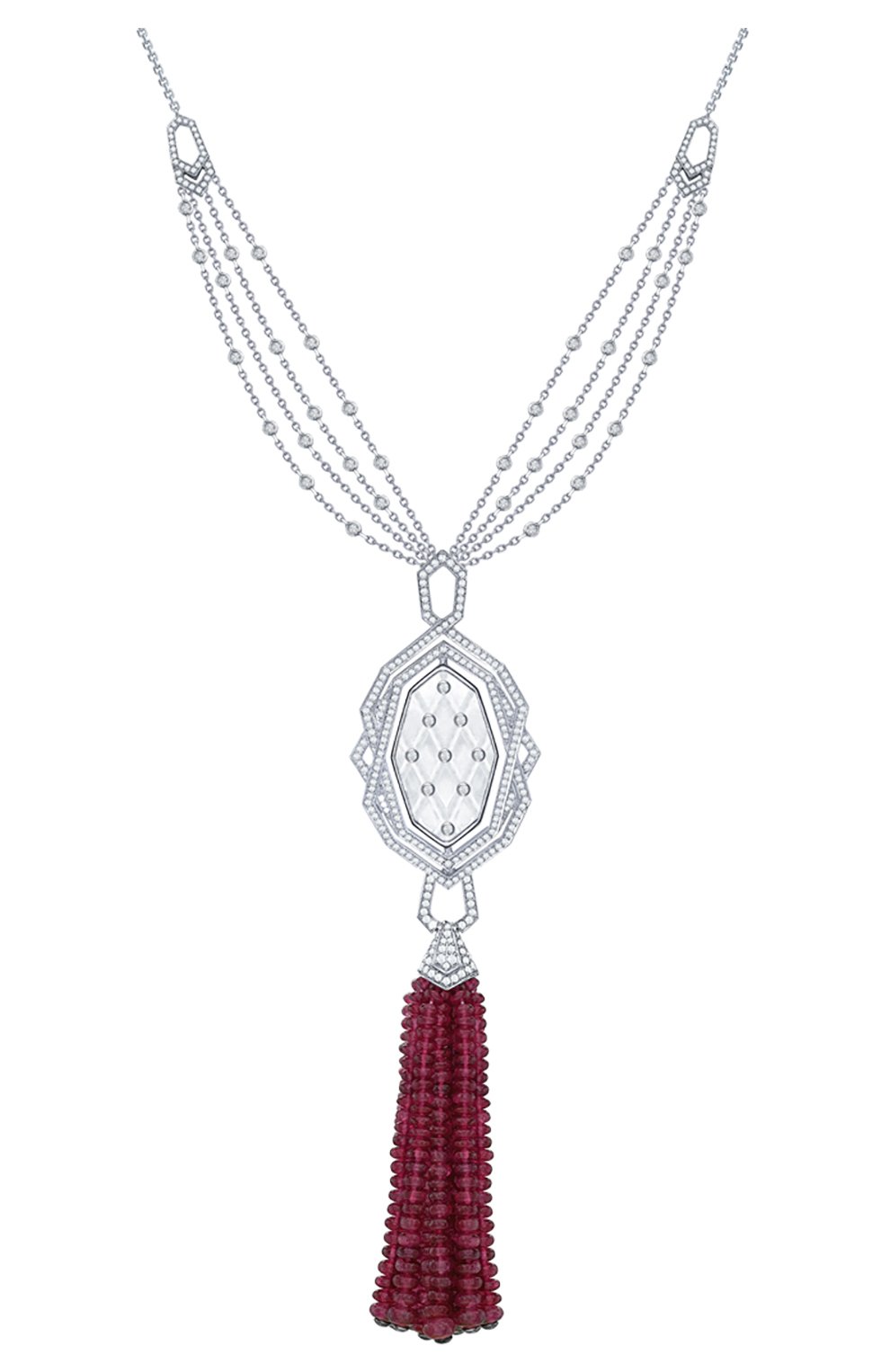 Женские колье GARRARD бесцветного цвета, арт. 2015059 | Фото 1 (Материал сплава: Белое золото; Драгоценные камни: Рубины, Другие)