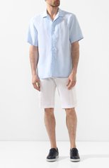 Мужская льняная рубашка ETON голубого цвета, арт. 1000 01160 | Фото 2 (Воротник: Акула; Рукава: Короткие; Случай: Повседневный; Длина (для топов): Стандартные; Материал внешний: Лен; Принт: Однотонные; Мужское Кросс-КТ: Рубашка-одежда)
