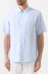 Мужская льняная рубашка ETON голубого цвета, арт. 1000 01160 | Фото 3 (Воротник: Акула; Рукава: Короткие; Случай: Повседневный; Длина (для топов): Стандартные; Материал внешний: Лен; Принт: Однотонные; Мужское Кросс-КТ: Рубашка-одежда)