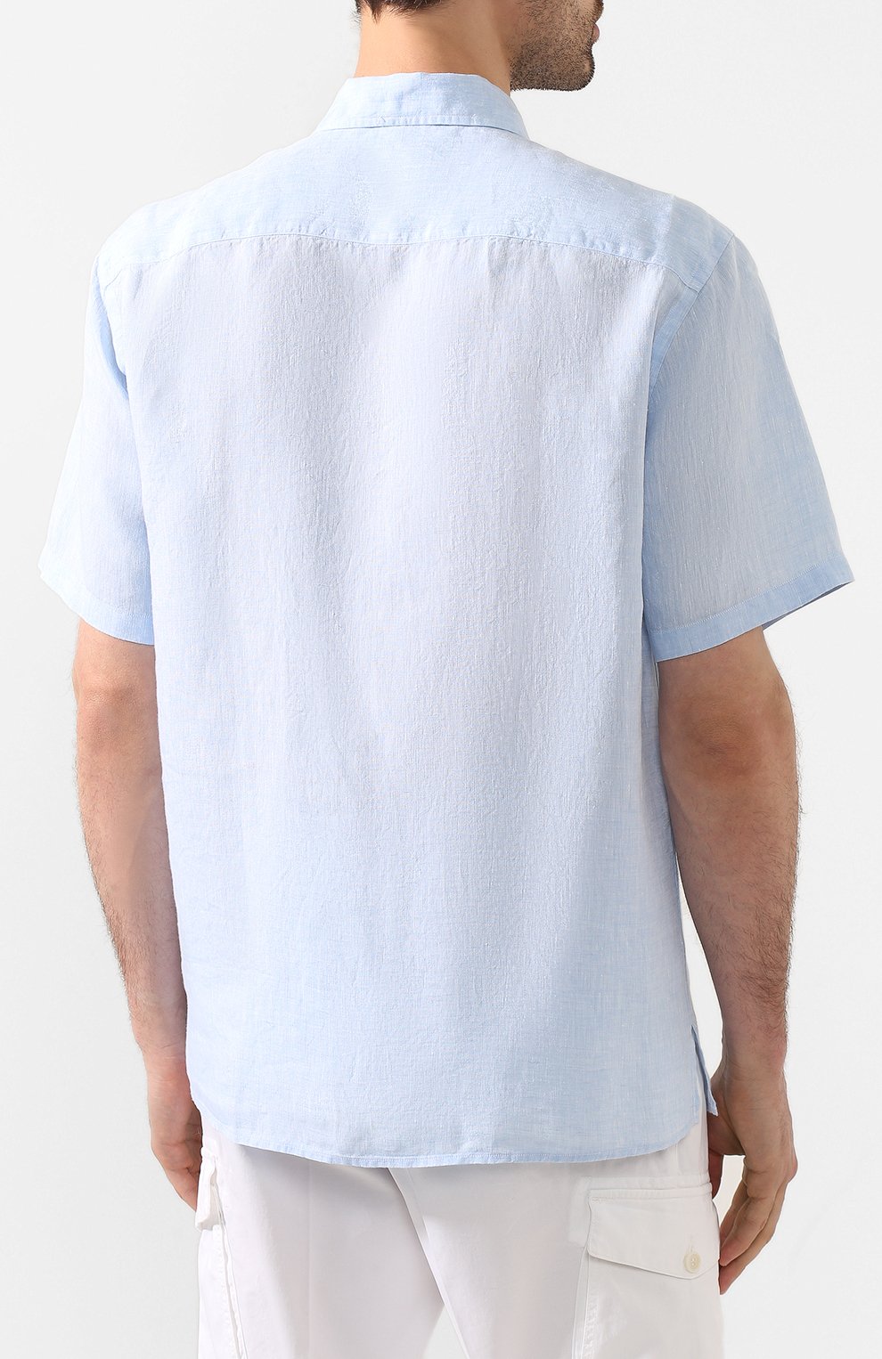 Мужская льняная рубашка ETON голубого цвета, арт. 1000 01160 | Фото 4 (Воротник: Акула; Рукава: Короткие; Случай: Повседневный; Длина (для топов): Стандартные; Материал внешний: Лен; Принт: Однотонные; Мужское Кросс-КТ: Рубашка-одежда)