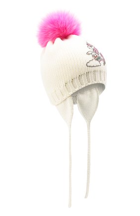 Детского шерстяная шапка с меховым помпоном CATYA белого цвета, арт. 024659/AD | Фото 1 (Материал: Шерсть, Текстиль)