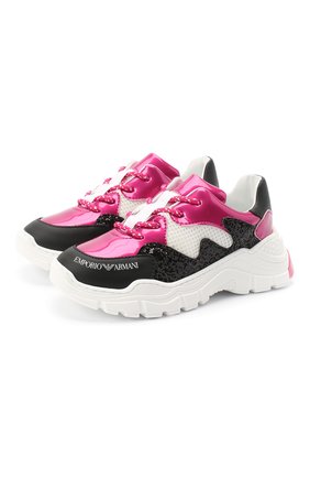 Детские кожаные кроссовки EMPORIO ARMANI розового цвета по цене 16500 руб., арт. XYX008/X0I38/28-34 | Фото 1 Детские кожаные кроссовки EMPORIO ARMANI розового цвета, арт. XYX008/X0I38/28-34 | Фото 1