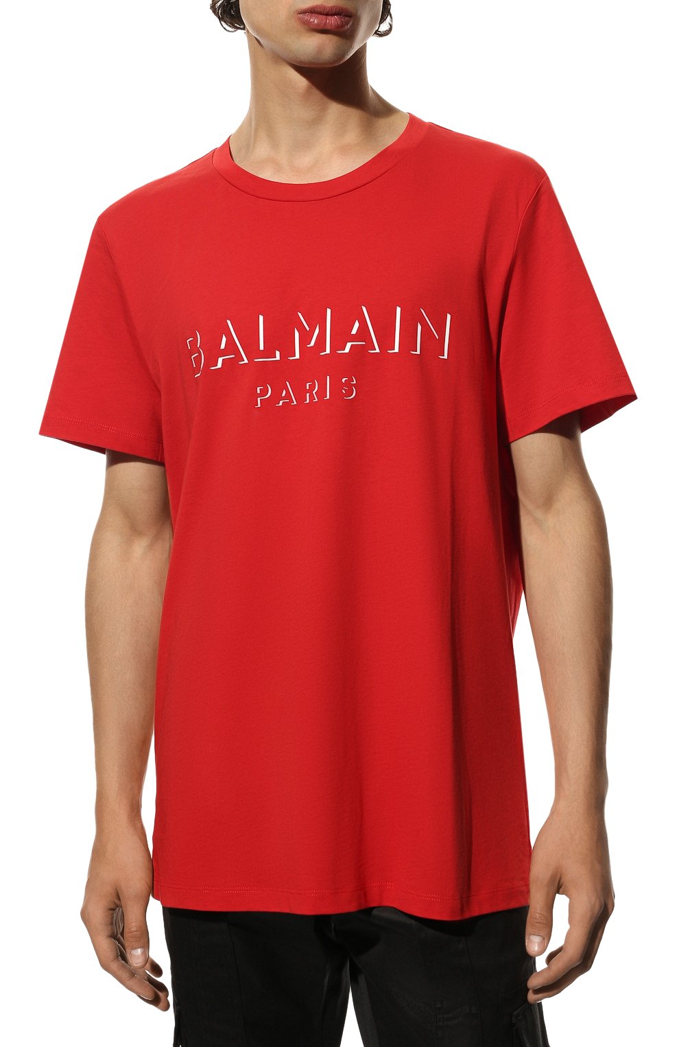Мужская хлопковая футболка BALMAIN красного цвета, арт. UH11601/I364 | Фото 3 (Рукава: Короткие; Длина (для топов): Стандартные; Принт: С принтом; Мужское Кросс-КТ: Футболка-одежда; Материал внешний: Хлопок; Стили: Кэжуэл)
