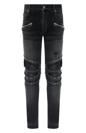 Мужские джинсы BALMAIN темно-серого цвета, арт. UH15419/Z036 | Фото 1 (Длина (брюки, джинсы): Стандартные; Материал внешний: Хлопок, Деним; Силуэт М (брюки): Узкие; Кросс-КТ: Деним; Детали: Потертости)
