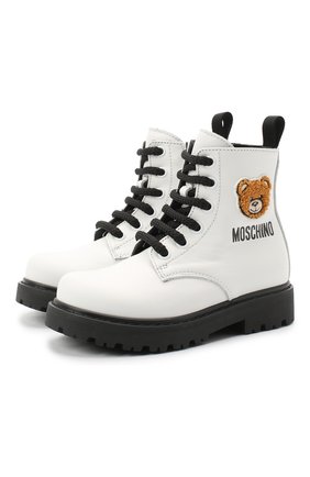 Детские кожаные ботинки MOSCHINO белого цвета по цене 21950 руб., арт. 65759/KIPS/28-35 | Фото 1 Детские кожаные ботинки MOSCHINO белого цвета, арт. 65759/KIPS/28-35 | Фото 1