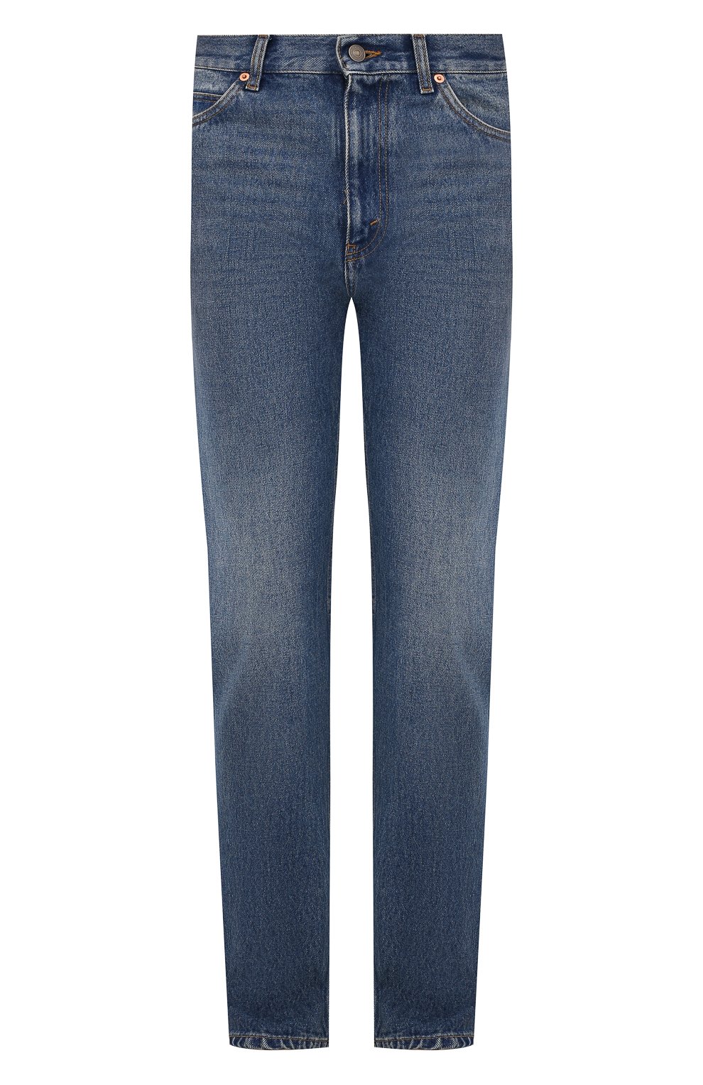 Мужские джинсы GUCCI синего цвета, арт. 623953/XDBBQ | Фото 1 (Силуэт М (брюки): Прямые; Кросс-КТ: Деним; Длина (брюки, джинсы): Стандартные; Материал внешний: Хлопок, Деним; Детали: Потертости)