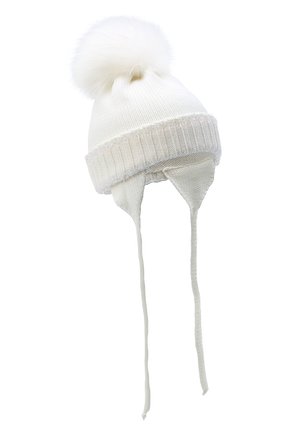 Детского шерстяная шапка с меховым помпоном IL TRENINO белого цвета, арт. 20 7989/E7 | Фото 1 (Материал: Шерсть, Текстиль)