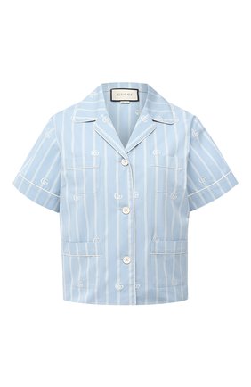Женская хлопковая рубашка GUCCI голубого цвета, арт. 625908/ZAEF1 | Фото 1 (Материал внешний: Хлопок; Длина (для топов): Стандартные; Рукава: Короткие; Женское Кросс-КТ: Рубашка-одежда; Принт: Полоска, С принтом; Стили: Гламурный; Региональные ограничения белый список (Axapta Mercury): RU)