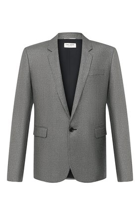 Мужской пиджак из шерсти и вискозы SAINT LAURENT серебряного цвета по цене 209500 руб., арт. 600331/Y1B55 | Фото 1 Мужской пиджак из шерсти и вискозы SAINT LAURENT серебряного цвета, арт. 600331/Y1B55 | Фото 1 (Рукава: Длинные; Материал внешний: Шерсть; Длина (для топов): Стандартные; Материал подклада: Шелк; 1-2-бортные: Однобортные; Пиджаки М: Прямой; Стили: Классический)
