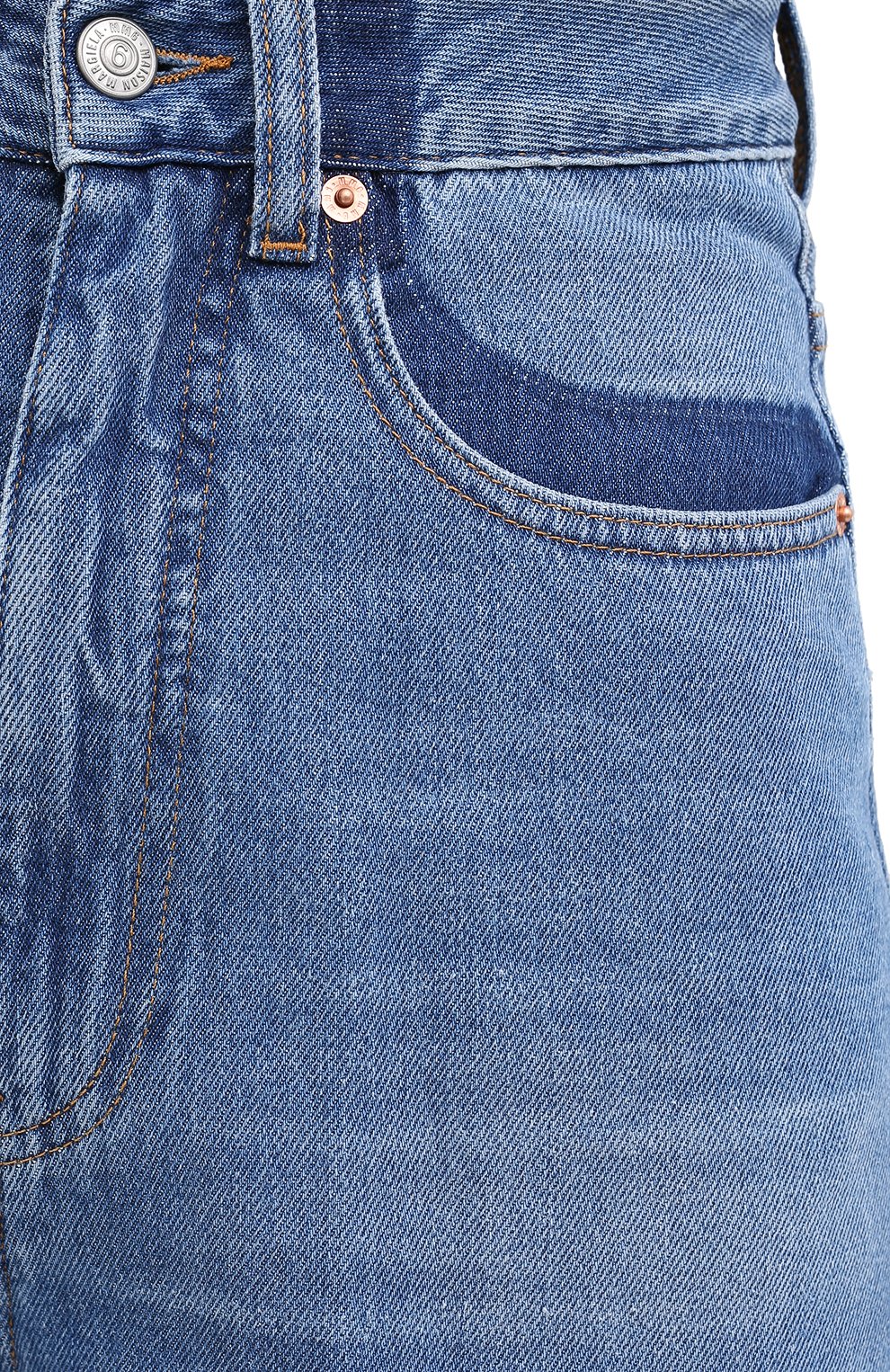 Женские джинсы MM6 синего цвета, арт. S52LA0141/S30460 | Фото 5 (Силуэт Ж (брюки и джинсы): Широкие, Расклешенные; Кросс-КТ: Деним; Длина (брюки, джинсы): Стандартные; Материал внешний: Хлопок, Деним; Детали: Потертости)