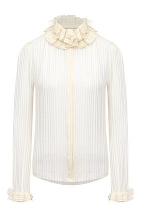 Женская шелковая блузка SAINT LAURENT белого цвета, арт. 633387/Y3B43 | Фото 1 (Материал внешний: Шелк; Длина (для топов): Стандартные; Рукава: Длинные; Женское Кросс-КТ: Блуза-одежда; Принт: Без принта, Полоска)