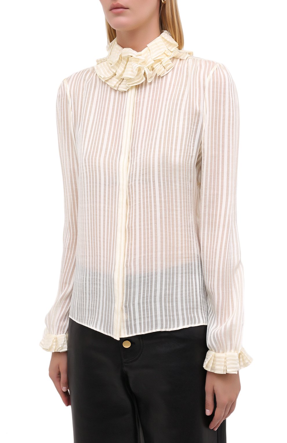 Женская шелковая блузка SAINT LAURENT белого цвета, арт. 633387/Y3B43 | Фото 3 (Материал внешний: Шелк; Рукава: Длинные; Принт: Без принта, Полоска; Длина (для топов): Стандартные; Женское Кросс-КТ: Блуза-одежда)