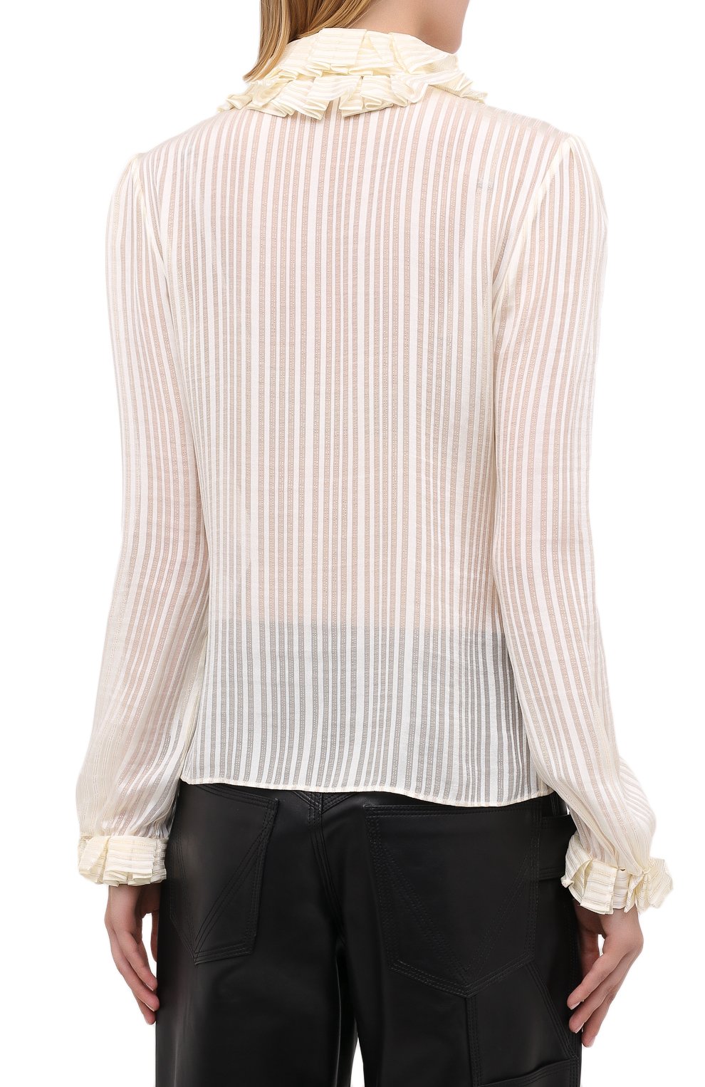 Женская шелковая блузка SAINT LAURENT белого цвета, арт. 633387/Y3B43 | Фото 4 (Материал внешний: Шелк; Рукава: Длинные; Принт: Без принта, Полоска; Длина (для топов): Стандартные; Женское Кросс-КТ: Блуза-одежда)