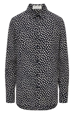 Женская шелковая рубашка SAINT LAURENT синего цвета по цене 83700 руб., арт. 395733/Y3B46 | Фото 1 Женская шелковая рубашка SAINT LAURENT синего цвета, арт. 395733/Y3B46 | Фото 1 (Рукава: Длинные; Длина (для топов): Стандартные; Материал внешний: Шелк; Женское Кросс-КТ: Рубашка-одежда; Принт: С принтом)