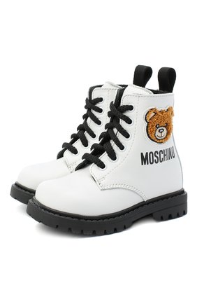 Детские кожаные ботинки MOSCHINO белого цвета по цене 18550 руб., арт. 65617/KIPS/18-27 | Фото 1 Детские кожаные ботинки MOSCHINO белого цвета, арт. 65617/KIPS/18-27 | Фото 1