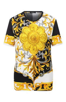 Женская хлопковая футболка VERSACE разноцветного цвета по цене 37800 руб., арт. A87458/A236028 | Фото 1 Женская хлопковая футболка VERSACE разноцветного цвета, арт. A87458/A236028 | Фото 1