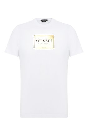 Мужская хлопковая футболка VERSACE белого цвета по цене 42600 руб., арт. A87387/A228806 | Фото 1 Мужская хлопковая футболка VERSACE белого цвета, арт. A87387/A228806 | Фото 1 (Длина (для топов): Стандартные; Материал внешний: Хлопок; Рукава: Короткие; Мужское Кросс-КТ: Футболка-одежда; Стили: Спорт-шик; Принт: С принтом)