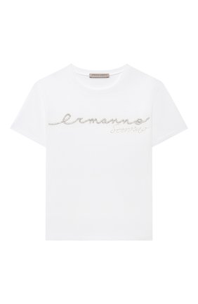 Детская хлопковая футболка ERMANNO SCERVINO белого цвета по цене 9610 руб., арт. 47I TS08 JEA/4-8 | Фото 1 Детская хлопковая футболка ERMANNO SCERVINO белого цвета, арт. 47I TS08 JEA/4-8 | Фото 1 (Материал внешний: Хлопок; Рукава: Короткие; Девочки Кросс-КТ: футболка-одежда; Ростовка одежда: 4 года | 104 см, 6 лет | 116 см, 8 лет | 128 см)