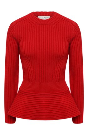 Женский шерстяной свитер ALEXANDER MCQUEEN красного цвета, арт. 633685/Q1AQV | Фото 1 (Длина (для топов): Стандартные; Материал внешний: Шерсть; Рукава: Длинные; Стили: Романтичный, Кэжуэл; Женское Кросс-КТ: Свитер-одежда)