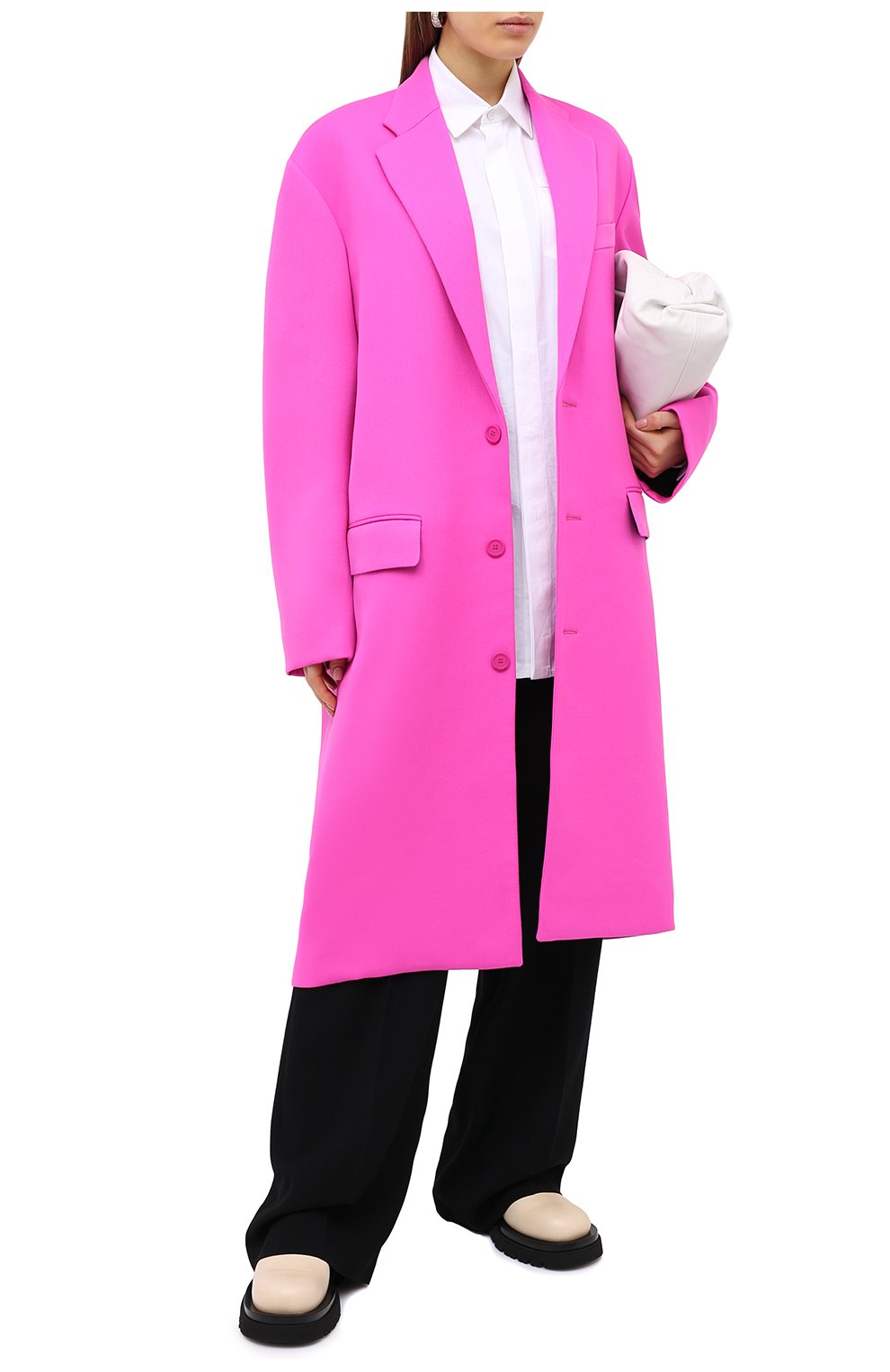 Женское шерстяное пальто BALENCIAGA фуксия цвета, арт. 626573/TIU06 | Фото 2 (Материал внешний: Шерсть; Рукава: Длинные; Стили: Спорт-шик; Длина (верхняя одежда): Длинные; 1-2-бортные: Однобортные; Материал подклада: Купро)