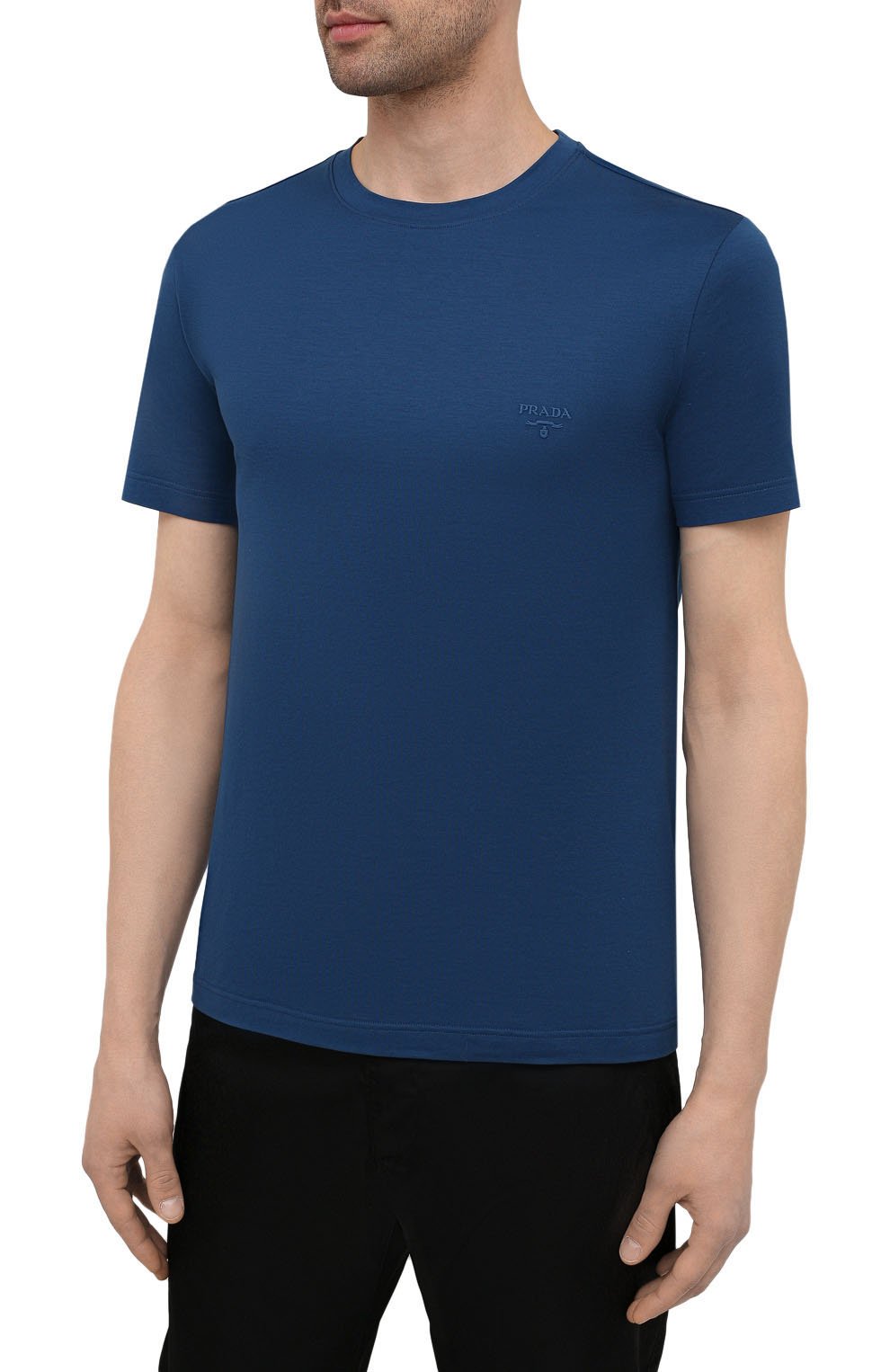 Мужская хлопковая футболка PRADA синего цвета, арт. UJM564-1UOR-F0AFC-092 | Фото 3 (Принт: Без принта; Рукава: Короткие; Длина (для топов): Стандартные; Материал внешний: Хлопок; Стили: Кэжуэл)