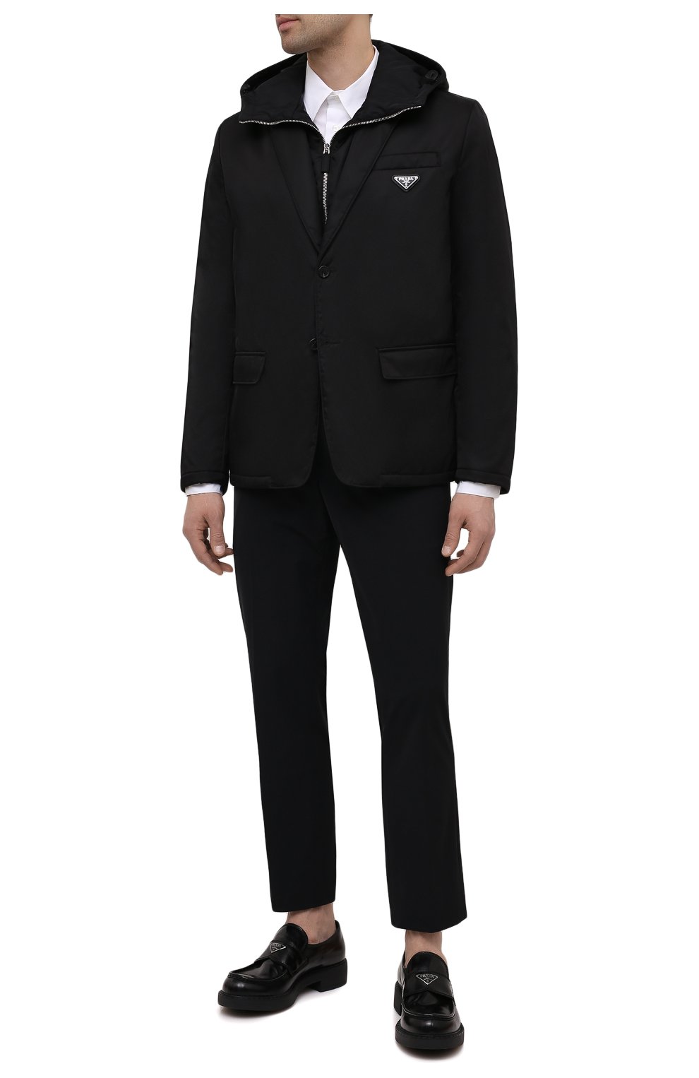 Мужские брюки PRADA черного цвета, арт. SPE12-1KJW-F0002-202 | Фото 2 (Длина (брюки, джинсы): Стандартные; Случай: Повседневный; Материал внешний: Синтетический материал; Стили: Кэжуэл)