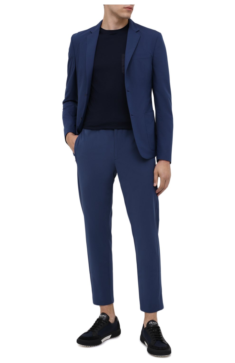 Мужские брюки PRADA синего цвета, арт. SPF94-1KJW-F0YNV-191 | Фото 2 (Длина (брюки, джинсы): Стандартные; Случай: Повседневный; Материал внешний: Синтетический материал; Стили: Кэжуэл)