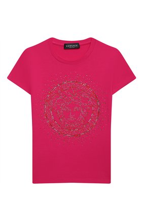 Детская хлопковая футболка VERSACE фуксия цвета по цене 14150 руб., арт. YC000430/YA00019/4A-6A | Фото 1 Детская хлопковая футболка VERSACE фуксия цвета, арт. YC000430/YA00019/4A-6A | Фото 1