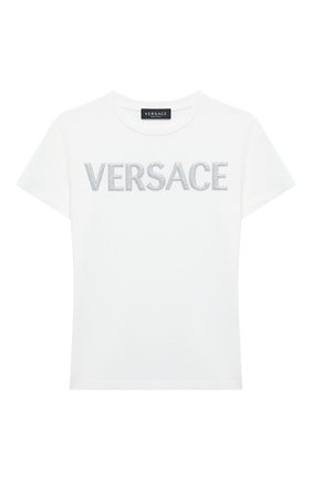 Детская хлопковая футболка VERSACE белого цвета по цене 9950 руб., арт. YC000347/YA00079/8A-14A | Фото 1 Детская хлопковая футболка VERSACE белого цвета, арт. YC000347/YA00079/8A-14A | Фото 1