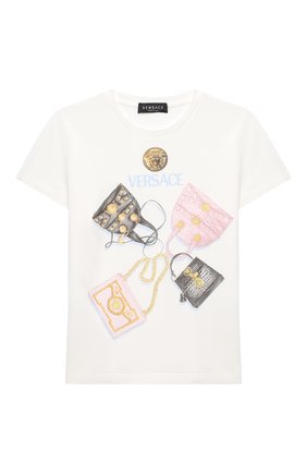 Детская хлопковая футболка VERSACE белого цвета по цене 11100 руб., арт. YC000385/YA00079/4A-6A | Фото 1 Детская хлопковая футболка VERSACE белого цвета, арт. YC000385/YA00079/4A-6A | Фото 1