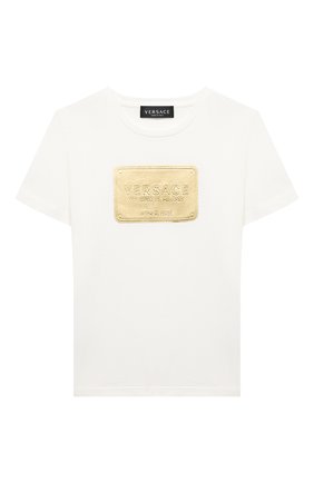 Детская хлопковая футболка VERSACE белого цвета по цене 12650 руб., арт. YD000323/YA00079/4A-6A | Фото 1 Детская хлопковая футболка VERSACE белого цвета, арт. YD000323/YA00079/4A-6A | Фото 1 (Материал внешний: Хлопок; Рукава: Короткие; Девочки Кросс-КТ: футболка-одежда; Ростовка одежда: 6 лет | 116 см)