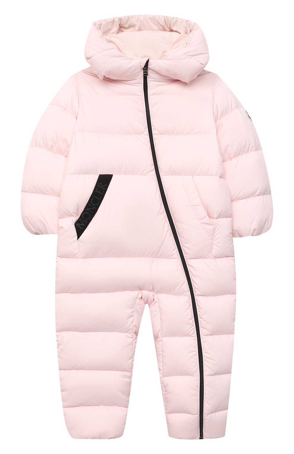 Детский пуховый комбинезон MONCLER светло-розового цвета, арт. F2-951-1G502-00-53333/18M-3A | Фото 1 (Рукава: Длинные; Материал внешний: Синтетический материал; Материал утеплителя: Пух и перо; Материал подклада: Хлопок; Ростовка одежда: 18 мес | 86 см)