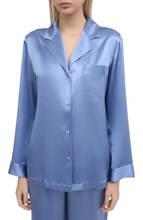 Женская шелковая пижама LUNA DI SETA голубого цвета, арт. VLST08007 | Фото 2 (Длина (брюки, джинсы): Стандартные; Рукава: Длинные; Материал внешний: Шелк; Длина (для топов): Стандартные; Длина Ж (юбки, платья, шорты): Мини)