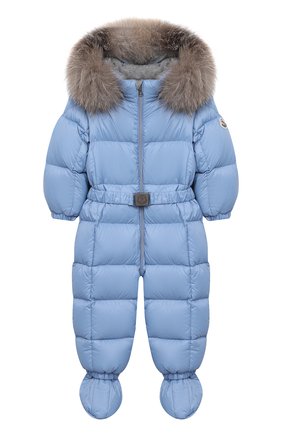 Детского пуховый комбинезон с пинетками MONCLER голубого цвета по цене 48400 руб., арт. F2-951-1G506-02-53079/3M-18M | Фото 1 Детского пуховый комбинезон с пинетками MONCLER голубого цвета, арт. F2-951-1G506-02-53079/3M-18M | Фото 1