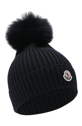 Детского шерстяная шапка с меховым помпоном MONCLER темно-синего цвета по цене 14000 руб., арт. F2-954-3B713-11-04S01 | Фото 1 Детского шерстяная шапка с меховым помпоном MONCLER темно-синего цвета, арт. F2-954-3B713-11-04S01 | Фото 1