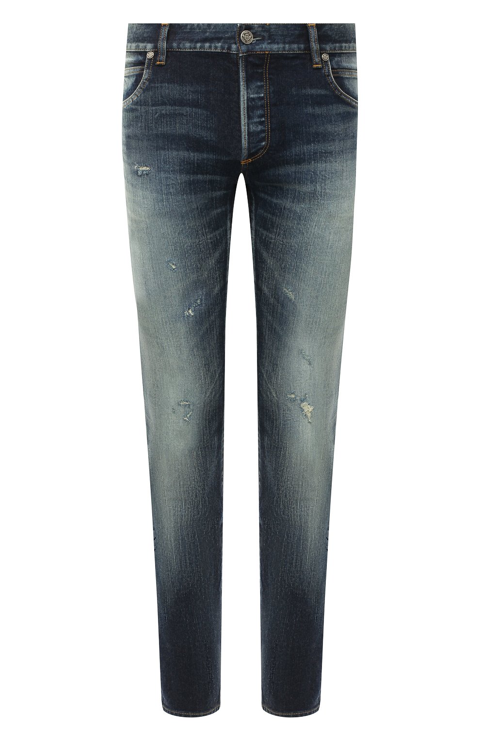 Мужские джинсы BALMAIN синего цвета, арт. UH15291/Z008 | Фото 1 (Силуэт М (брюки): Прямые; Кросс-КТ: Деним; Длина (брюки, джинсы): Стандартные; Стили: Гранж; Материал внешний: Хлопок; Детали: Потертости)