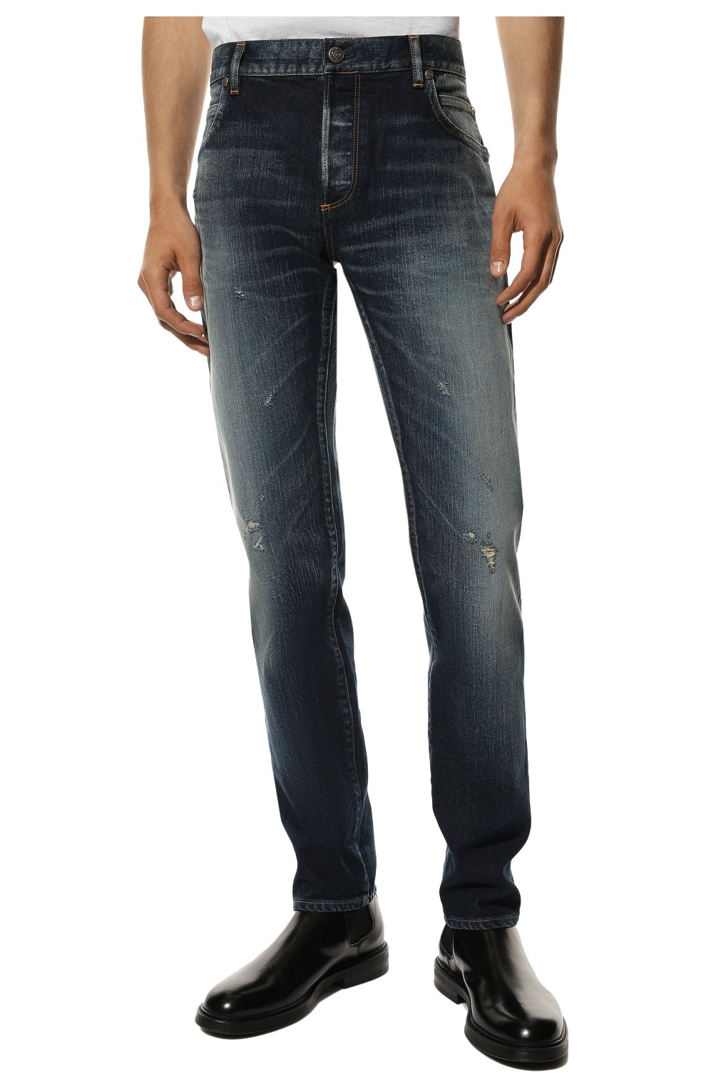 Мужские джинсы BALMAIN синего цвета, арт. UH15291/Z008 | Фото 3 (Силуэт М (брюки): Прямые; Кросс-КТ: Деним; Длина (брюки, джинсы): Стандартные; Стили: Гранж; Материал внешний: Хлопок; Детали: Потертости)