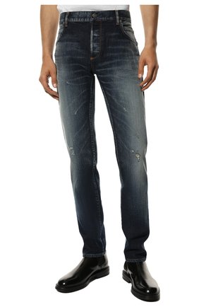 Мужские джинсы BALMAIN синего цвета, арт. UH15291/Z008 | Фото 3 (Силуэт М (брюки): Прямые; Кросс-КТ: Деним; Длина (брюки, джинсы): Стандартные; Стили: Гранж; Материал внешний: Хлопок; Детали: Потертости)