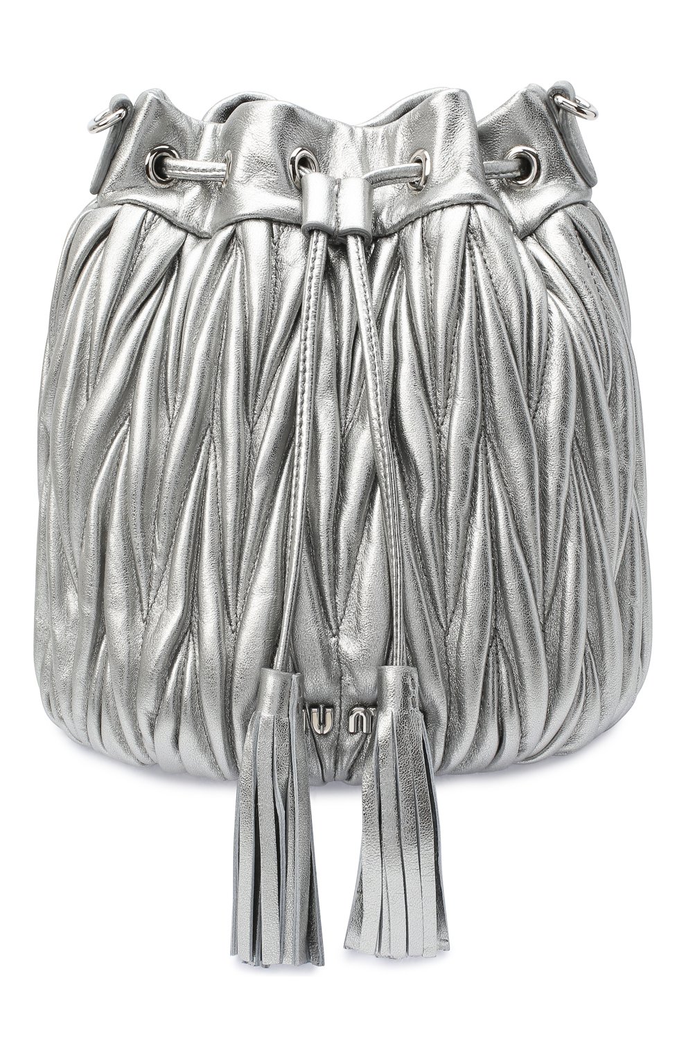 Женская сумка MIU MIU серебряного цвета, арт. 5BE014-N88-F0135-OOO | Фото 1 (Сумки-технические: Сумки через плечо; Материал: Натуральная кожа; Ремень/цепочка: На ремешке; Размер: small)