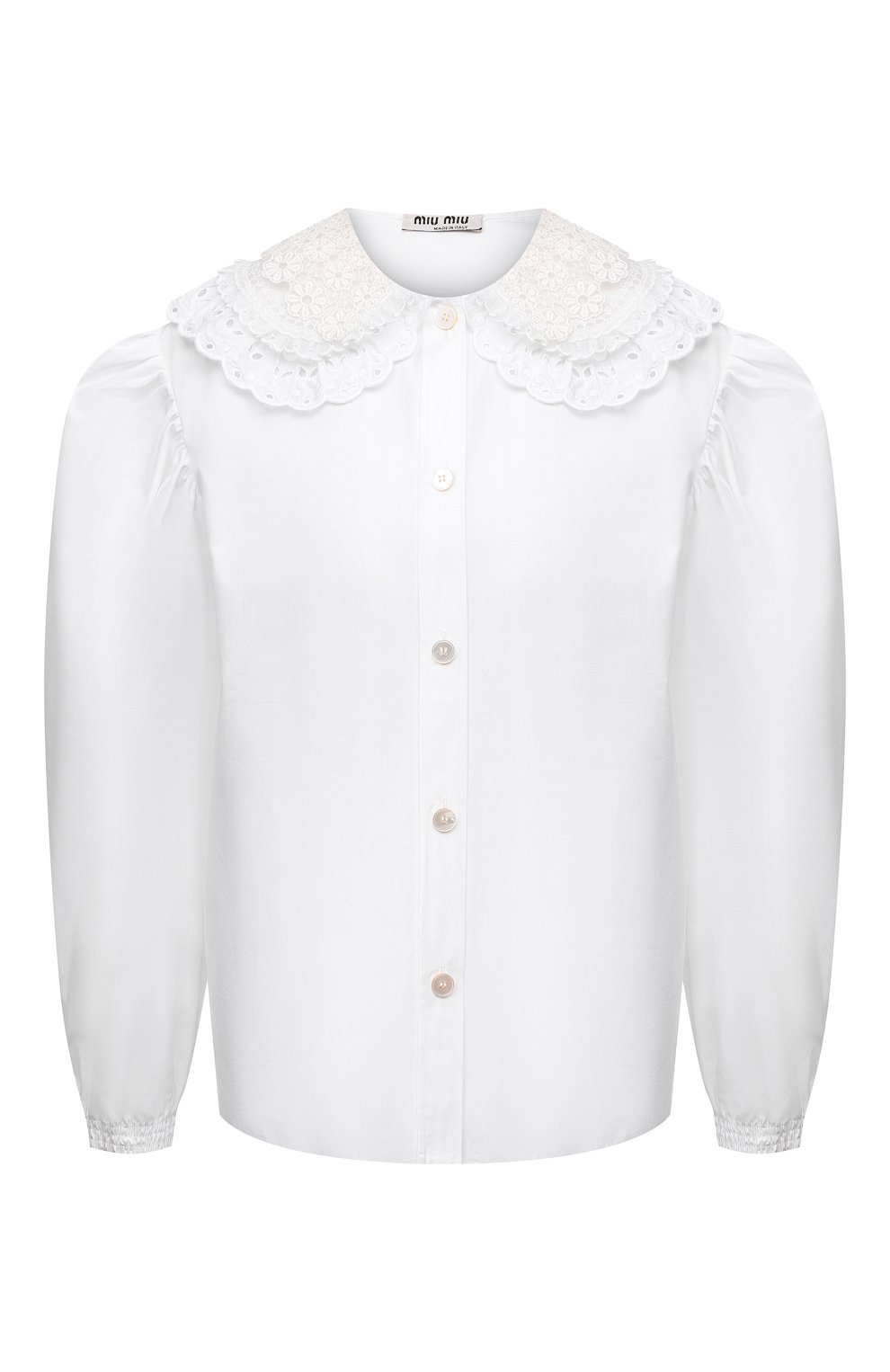 Женская хлопковая блузка MIU MIU белого цвета, арт. MK1479-1AYZ-F0009 | Фото 1 (Рукава: Длинные; Принт: Без принта; Длина (для топов): Стандартные; Материал внешний: Хлопок; Женское Кросс-КТ: Блуза-одежда)