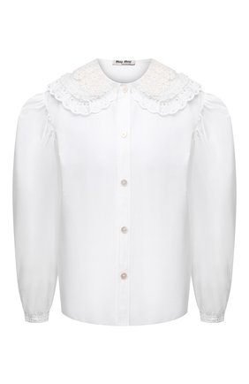 Женская хлопковая блузка MIU MIU белого цвета, арт. MK1479-1AYZ-F0009 | Фото 1 (Длина (для топов): Стандартные; Рукава: Длинные; Материал внешний: Хлопок; Женское Кросс-КТ: Блуза-одежда; Принт: Без принта)